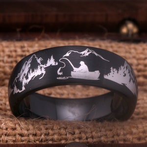 Gegraveerde wolfraam visser vissen ring zwarte trouwring vis haak berg ring vissen sieraden gratis gepersonaliseerde verjaardag cadeau ring