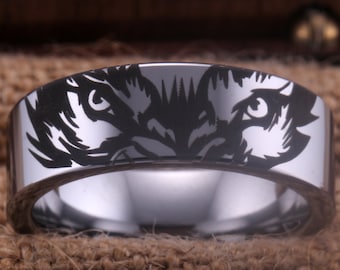 Wolf Wedding Ring Silver Tungsten Wolf Eyes Ring Animal Ring Wolf Wedding Band Wolf Engagement Ring Mens Wolf Ring Animal Jewelry, Wolf Gift