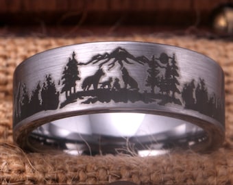 Wolf Ring Wolf Wedding Ring Silver Tungsten Ring Alpha Wolf Family Engraved Promise Ring Wolf Pack Engagement Ring Wolf ForestJewelry Ring