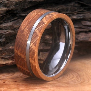 Nature Rose wood Mens Wedding Band Silver Tungsten Wood Ring, Mens Ring His Her Promise RIng Wood Wedding Band