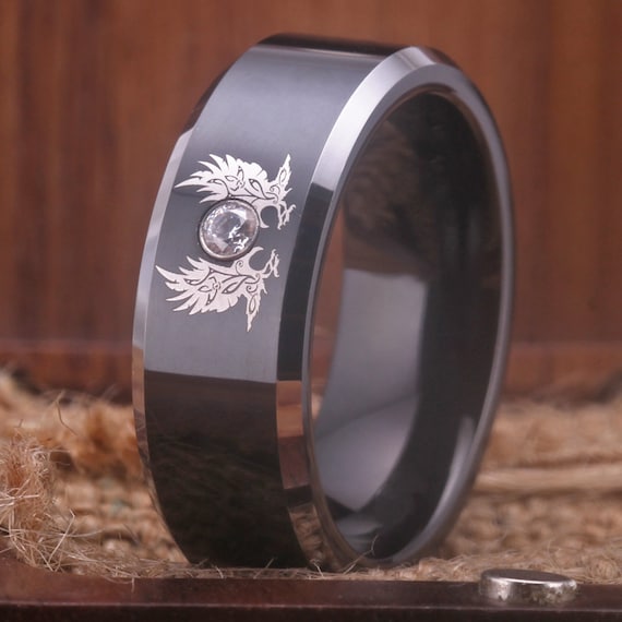 Viking Raven Ring Odin's Ravens Hugin and Munin Ring Engraved Raven Ring,Tungsten Ring,Flying Crows Jewelry, Personalized Ring Raven Jewelry