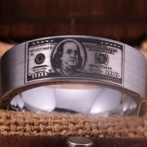 Money Ring 100 Dollar Bill Ring US Dollar Ring Laser Engraved Benjamin Franklin Money Ring Cash Art Ring Free Custom Engraving Wedding Ring