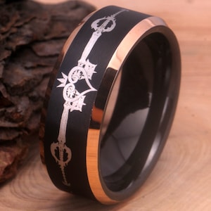 Kingdom Hearts Inspired Keyblade Ring Black Kingdom Heart Tungsten Ring Men Women Promise Engagement Wedding Anniversary Gift Band Ring