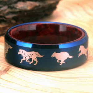 Running Wolves Ring Wedding Band Wolf Pack Ring Blue Tungsten Ring 8MM Blue Tungsten With Rose Wood Inlay Ring Best Anniversary Gift