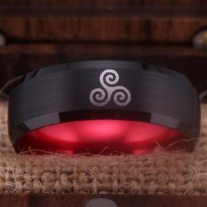 Viking Triskelion Celtic Pagan Black Tungsten Wedding Ring Red Ring Triskelion Ring Teen Wolf Ring Triskelion Symbol Teen Wolf Logo Ring