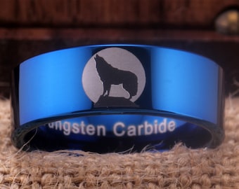 Alpha Wolf Ring Alone Wolf Howling Wolf Moon Ring 8mm Blue Pipe Tungsten Ring Gift Anniversary Ring Tungsten Wedding Band Engagement Ring