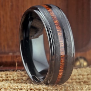 Wood Ring Man Black Ring Tungsten Carbide Ring Free Engraved Ring Graduation Gift 8MM Tungsten & KOA Wood Inlay Ring |Birthday gift For him