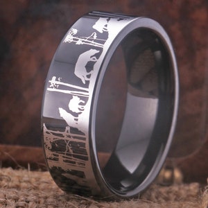 Tier Landschaft Szene Wolf Wölfe Ring gravierte flache Wolframring Wolf Ring Wölfe Ring gravierte schwarze WolframringJubiläumsgeschenk Ring