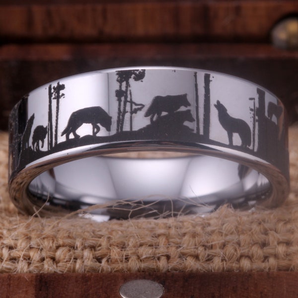 Wolves in Forest Ring Tungsten Howling Wolf Forest Landscape Scene Ring Silver Tungsten Ring Flat Multiple Colors Available 8mm Width