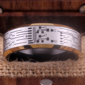 Circuit Board Ring 8mm Black Tungsten Band with Gold Bevel Edge Circuit Board Pattern 8mm Black Tungsten Wedding Ring Free Inside Engraving