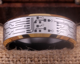 Circuit Board Ring 8mm Black Tungsten Band with Gold Bevel Edge Circuit Board Pattern 8mm Black Tungsten Wedding Ring Free Inside Engraving