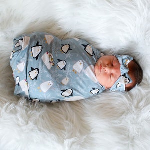 Penguin Baby Swaddle Blanket, Christmas Baby Swaddle, Newborn Swaddle, Boy/Girl Baby Blanket, Swaddle Set, Stretchy Knit Swaddle