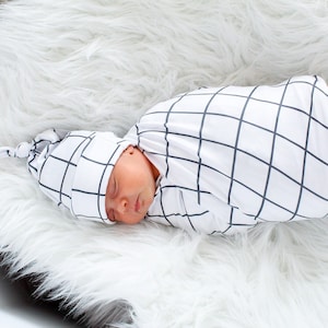 White Baby Swaddle Blanket, Newborn Swaddle, Boy/Girl Baby Blanket, Swaddle Set, Top Knot Hat, Gender Neutral Swaddle, Stretchy Knit