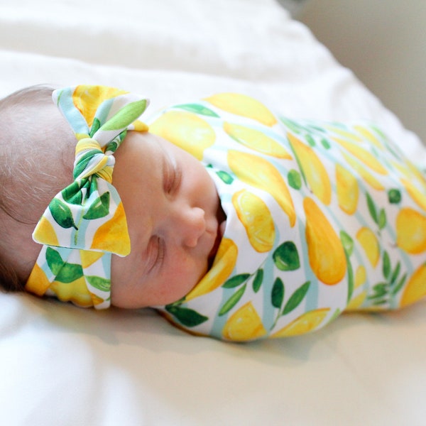 Lemon Baby Swaddle Blanket, Baby Swaddle, Fruit Baby Blanket, Newborn Swaddle, Lemon Baby Blanket, Swaddle Set, Stretchy Knit Swaddle