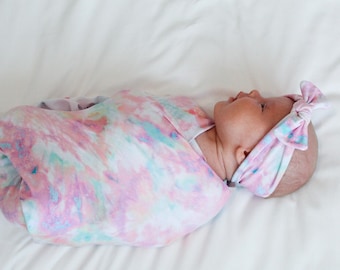 Pink Tie Dye Baby Swaddle Blanket, Newborn Swaddle, Girl Baby Blanket, Swaddle Set, Pink Baby Swaddle, Stretchy Knit Swaddle, Baby Swaddle