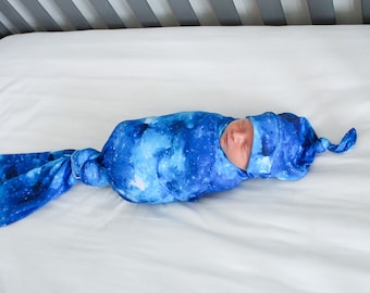 Galaxy Baby Swaddle Blanket, Newborn Swaddle, Boy/Girl Baby Blanket, Swaddle Set, Top Knot Hat, Baby Hat, Stretchy Knit Swaddle, Space Baby