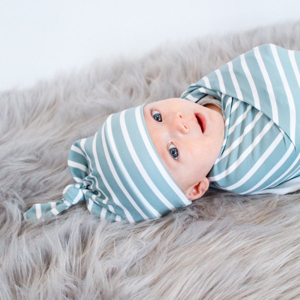 Blue Striped Baby Swaddle Blanket, Newborn Swaddle, Boy Baby Blanket, Swaddle Set, Top Knot Hat, Baby Boy Swaddle, Stretchy Knit