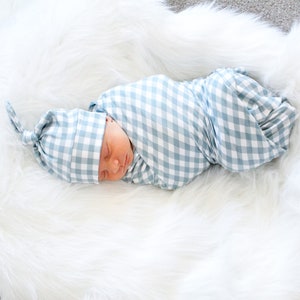 Blue Checkered Baby Swaddle Blanket, Buffalo Check Swaddle, Newborn Swaddle, Boy Baby Blanket, Swaddle Set, Stretchy Knit Swaddle