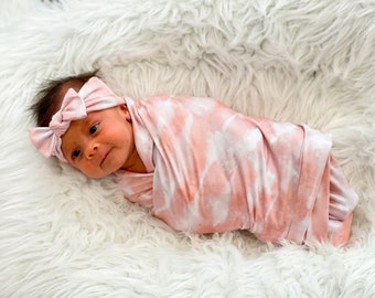 Peach Tie Dye Baby Swaddle Blanket, Newborn Swaddle, Girl Baby Blanket, Swaddle Set, Pink Baby Swaddle, Stretchy Knit Swaddle, Baby Swaddle