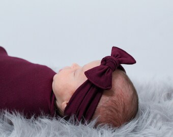 Girl Swaddle Set Swaddle Newborn Outfit Set Hat Headband Bow Take Home Outfit Blackberry Purple Swaddle Blanket Footed Pants