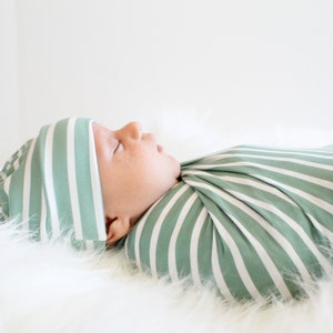 Green Striped Baby Swaddle Blanket, Newborn Swaddle, Boy/Girl Baby Blanket, Swaddle Set, Top Knot Hat, Gender Neutral Swaddle, Stretchy Knit