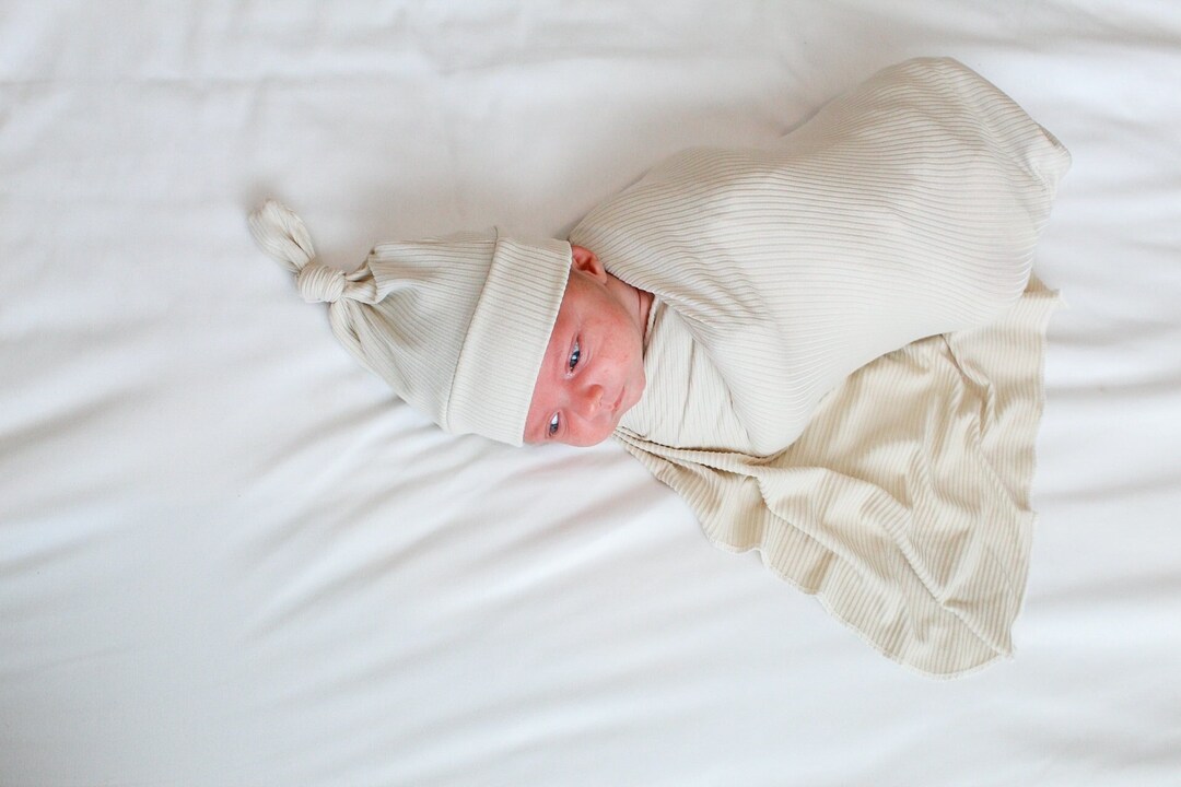 Cream Ribbed Knit Baby Swaddle Blanket, Neutral Baby Swaddle, Cream