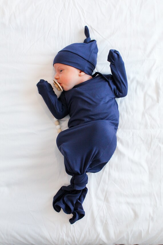 Navy Blue Newborn Knotted Gown, Baby Outfit, Baby Gown, Newborn Dress, Gown and Swaddle Set, Newborn Gown Boy