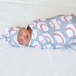 Baseball Baby Swaddle Blanket Newborn Swaddle Boy girl Baby Blanket Swaddle Set Top Knot Hat Stretchy Knit Swaddle Baby Swaddle Etsy Canada