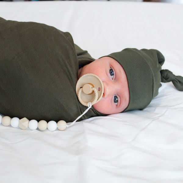 Olive Green Baby Swaddle Blanket, Newborn Swaddle, Olive Green Baby Blanket, Swaddle Set, Top Knot Hat and Swaddle Set, Stretchy Knit