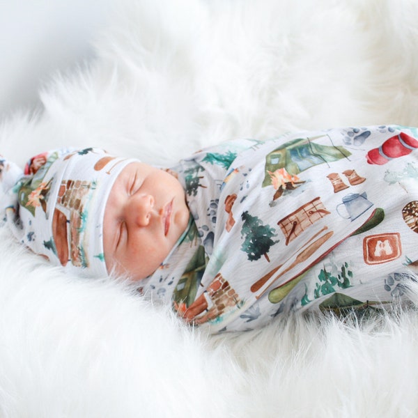 Camping Baby Swaddle Blanket, Outdoors Baby Swaddle, Adventure Baby Swaddle, Newborn Swaddle, Swaddle Set, Stretchy Knit, Gender Neutral