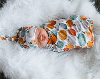 Pumpkin Baby Swaddle Blanket, Newborn Baby Swaddle, Fall Baby Swaddle, Newborn Swaddle, Swaddle Set, Stretchy Knit, Gender Neutral