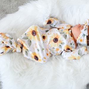 Sunflower Newborn Knotted Gown, Baby Outfit, Baby Gown, Newborn Dress, Gown and Swaddle Set, Newborn Gown Girl