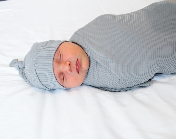 Gray Ribbed Knit Baby Swaddle Blanket, Neutral Baby Swaddle, Grey Baby