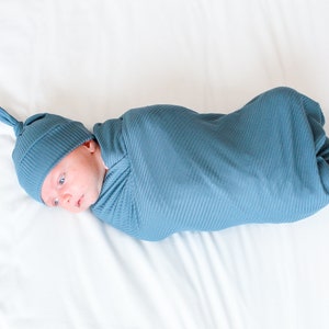 Blue Ribbed Knit Baby Swaddle Blanket, Neutral Baby Swaddle, Blue Baby ...