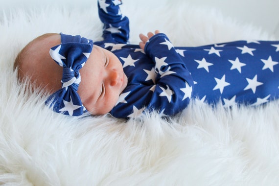 Stars Newborn Knotted Gown, Fourth of July Baby Outfit, Baby Gown, Newborn Dress, Gown and Swaddle Set, Newborn Gown Boy