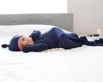 Navy Blue Newborn Knotted Gown, Baby Outfit, Baby Gown, Newborn Dress, Gown and Swaddle Set, Newborn Gown Boy