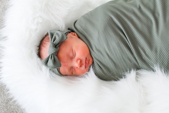 Green Ribbed Knit Baby Swaddle Blanket Newborn Swaddle Olive