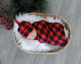 Buffalo Check Baby Swaddle Blanket Newborn Swaddle Boy girl Baby Blanket Swaddle Set Top Knot Hat Stretchy Knit Swaddle Etsy