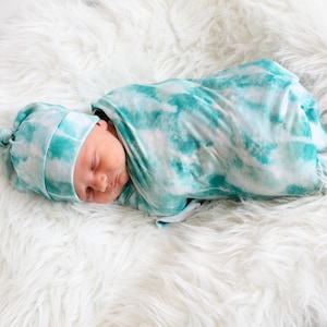 Turquoise Tie Dye Baby Swaddle Blanket, Newborn Swaddle, Baby Blanket, Swaddle Set, Top Knot Hat, Stretchy Knit Swaddle, Baby Swaddle