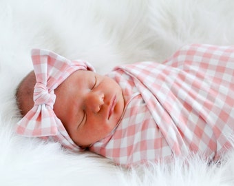 Pink Checkered Baby Swaddle Blanket, Buffalo Check Swaddle, Newborn Swaddle, Girl Baby Blanket, Swaddle Set, Stretchy Knit Swaddle