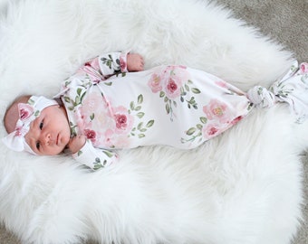 Rose Newborn Knotted Gown, Baby Outfit, Baby Gown, Newborn Dress, Gown and Swaddle Set, Newborn Gown Girl