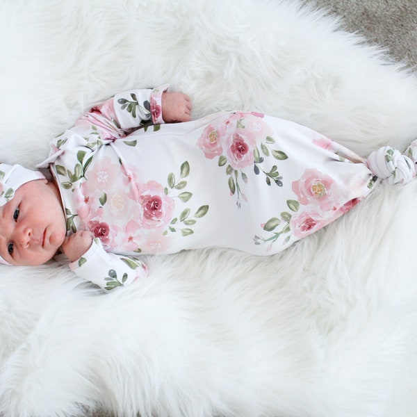 Rose Newborn Knotted Gown, Baby Outfit, Baby Gown, Newborn Dress, Gown and Swaddle Set, Newborn Gown Girl