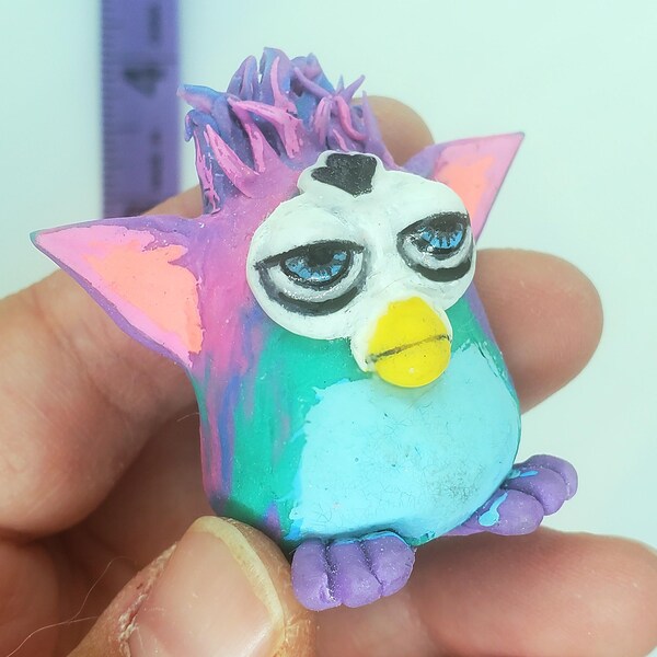 Handmade Polymer Clay Miniature Furby, 1:6 Scale Dollhouse Prop