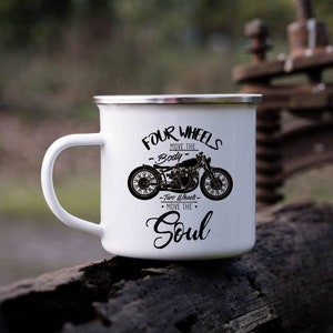Motorcycle mug “Two wheels move the Soul” | Metal Enamel Mug / Camp Mug / Cool gift