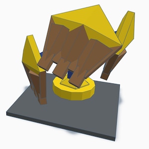 Puede incluir: Una escultura geométrica renderizada en 3D que representa una mano. La escultura es principalmente marrón y dorada, con una base gris oscuro. Los dedos son marrones, y la palma y las estructuras circundantes son doradas.