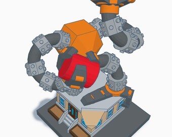 May include: A 3D model of a house being grasped by a robotic arm. The house is tan with a blue roof and windows. The robotic arm is gray, orange, and black. The model is set on a gray base.