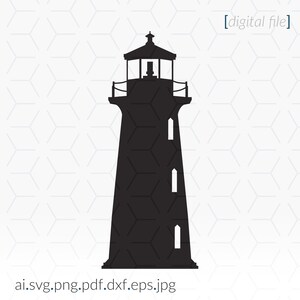 Puede incluir: Silueta negra de un faro sobre un fondo blanco. El faro tiene una torre alta y cil&iacute;ndrica con tres ventanas y un peque&ntilde;o techo rectangular.