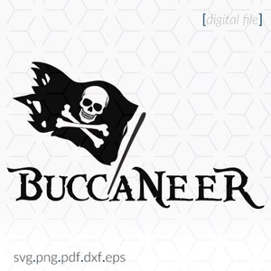 Puede incluir: Archivo digital en blanco y negro de una bandera pirata con una calavera y huesos cruzados y la palabra "BUCCANEER" en una fuente estilizada.