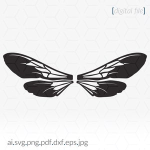 May include: Black and white silhouette of a pair of insect wings. The wings are symmetrical and have a detailed pattern.