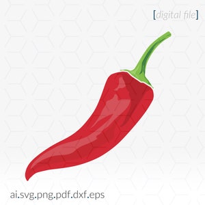 May include: A red chili pepper with a green stem. The chili pepper is curved and has a glossy finish.